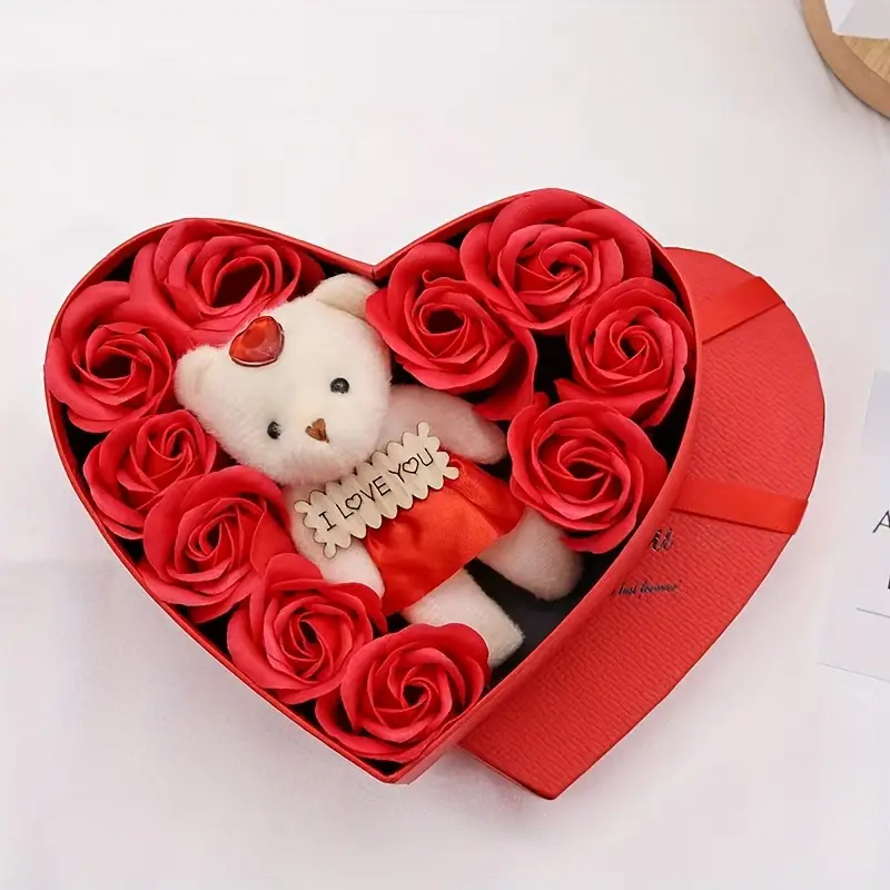 1pc Rose Bear Heart Shaped Gift Box, Artificial Rose Flower With Bears Gift  Box, Heart Shape Soap Flowers Gift Box For Birthday Valentine's Day Weddin