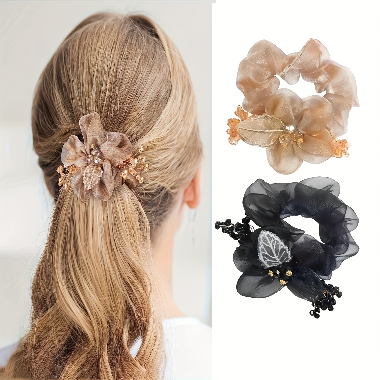 Mujer Elegante Borde Perla Pelo Scrunchie Mujeres Banda De Goma