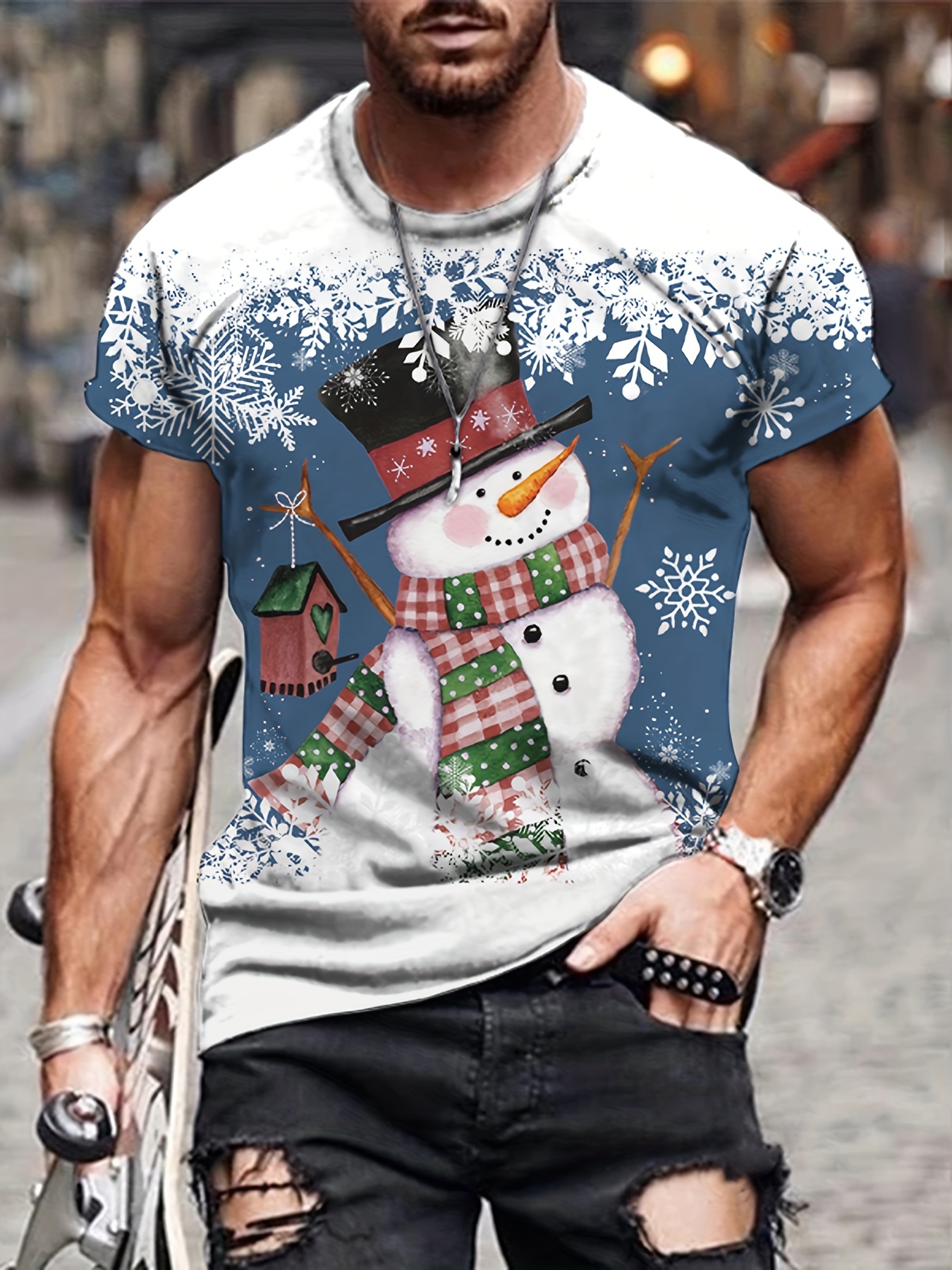 Snowman Print Men's Graphic T-shirt for Summer