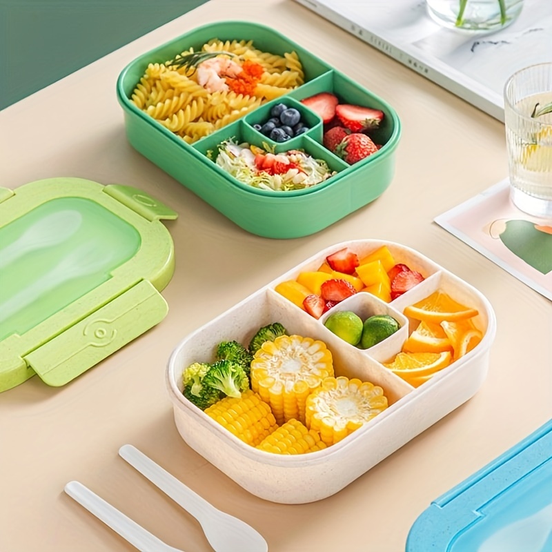 1pc Portable 3-compartment Lunch Box With Cutlery, Microwave Safe