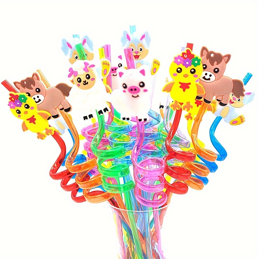 8pcs Cartoon Mermaid Unicorn Plastic Spiral Straw Smoothie