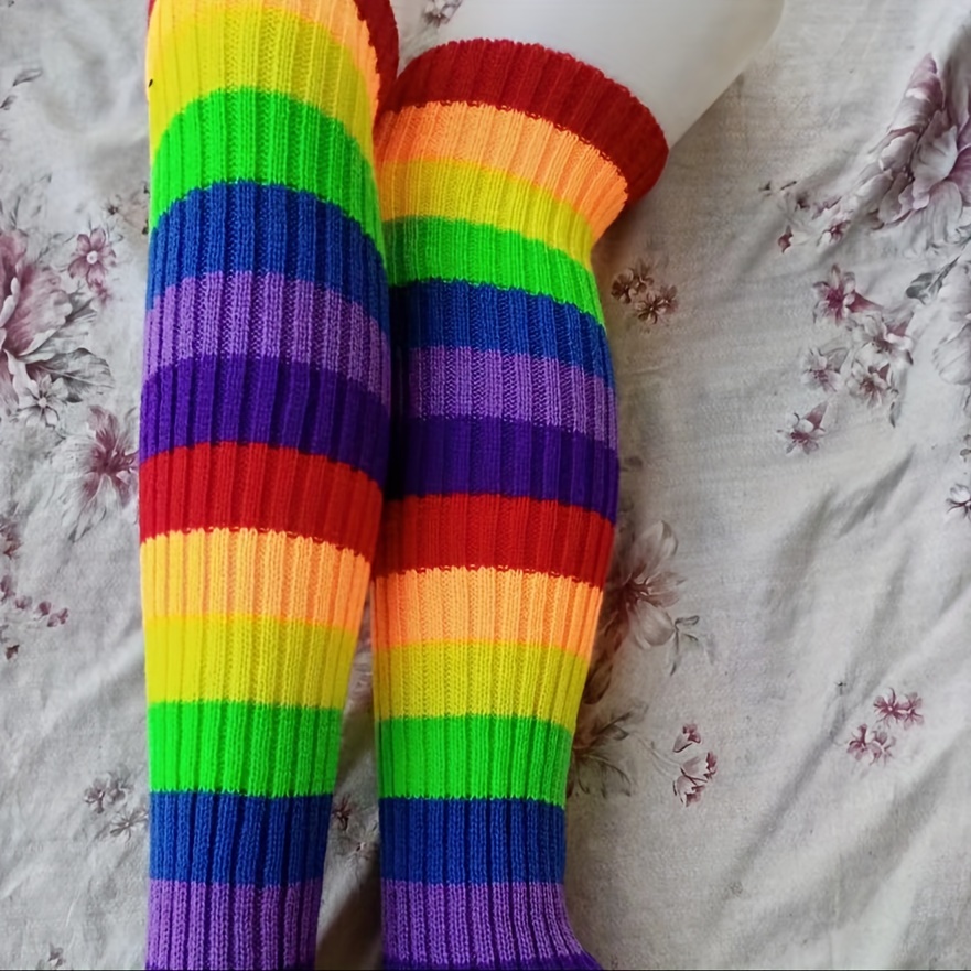 Striped Leg Warmers Colorblock Knitted Knee High Socks - Temu