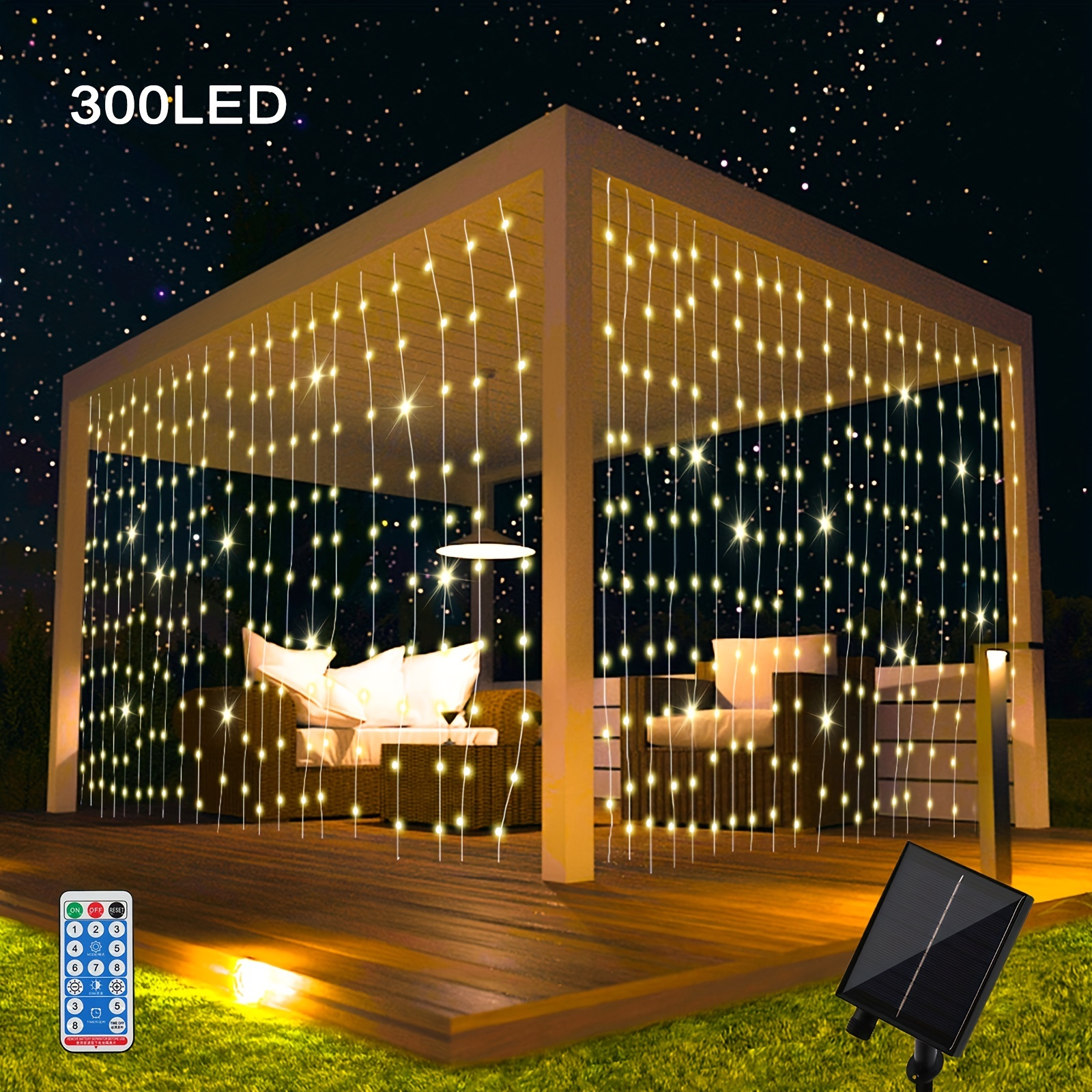 

1pc 300 Leds Solar Curtain Light, Outdoor Remote Control Light, 8 Lighting Modes Fairy Lights Ip65 Waterproof Copper Wire Lights Christmas Party Wedding Home Bedroom Garden Wall Decor, 8.86''x6.56''
