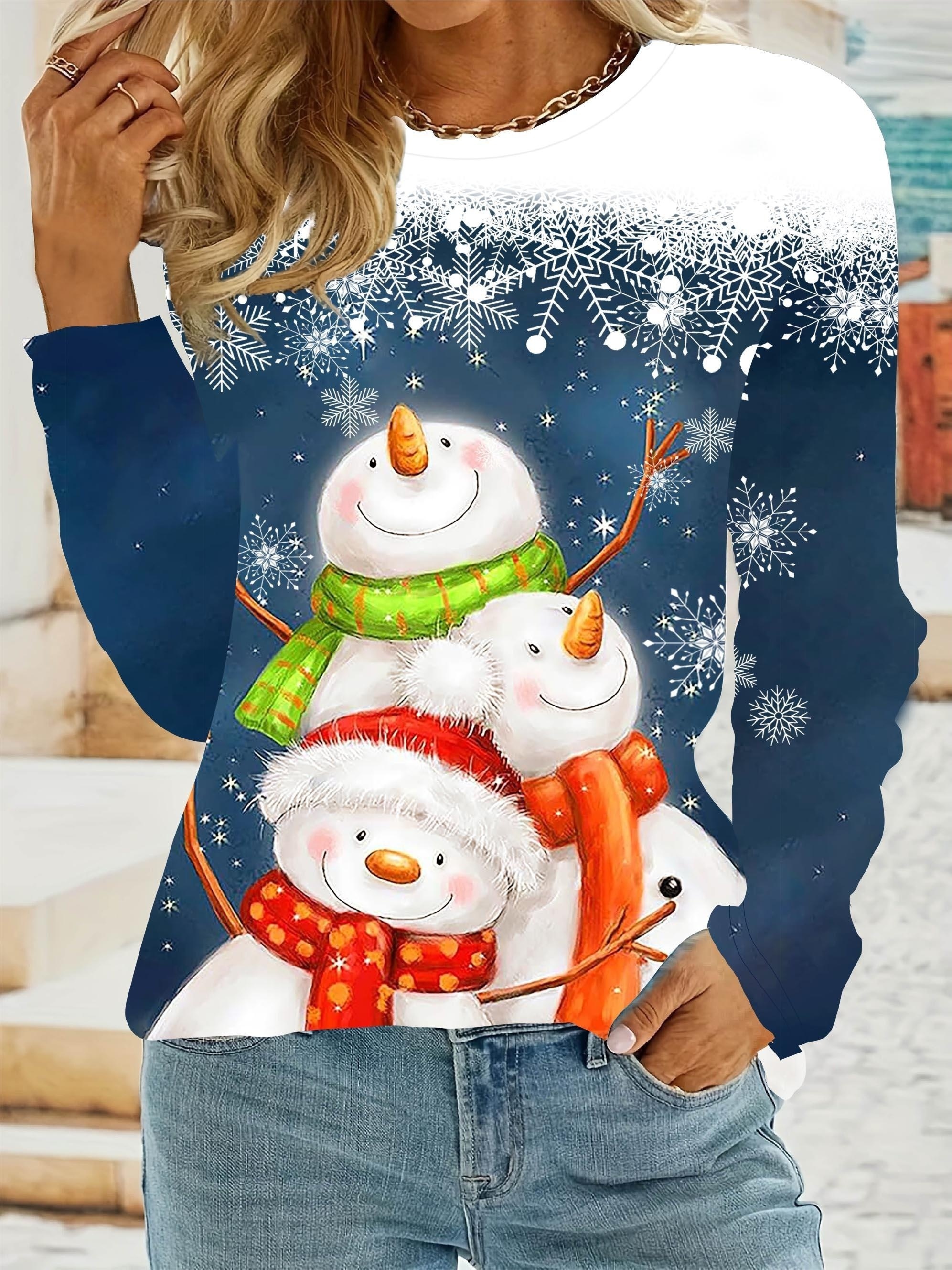 Plus Size Christmas Casual Sweatshirt,Women's Plus Snowman & Snowflake  Print Long Sleeve Round Neck Pullover