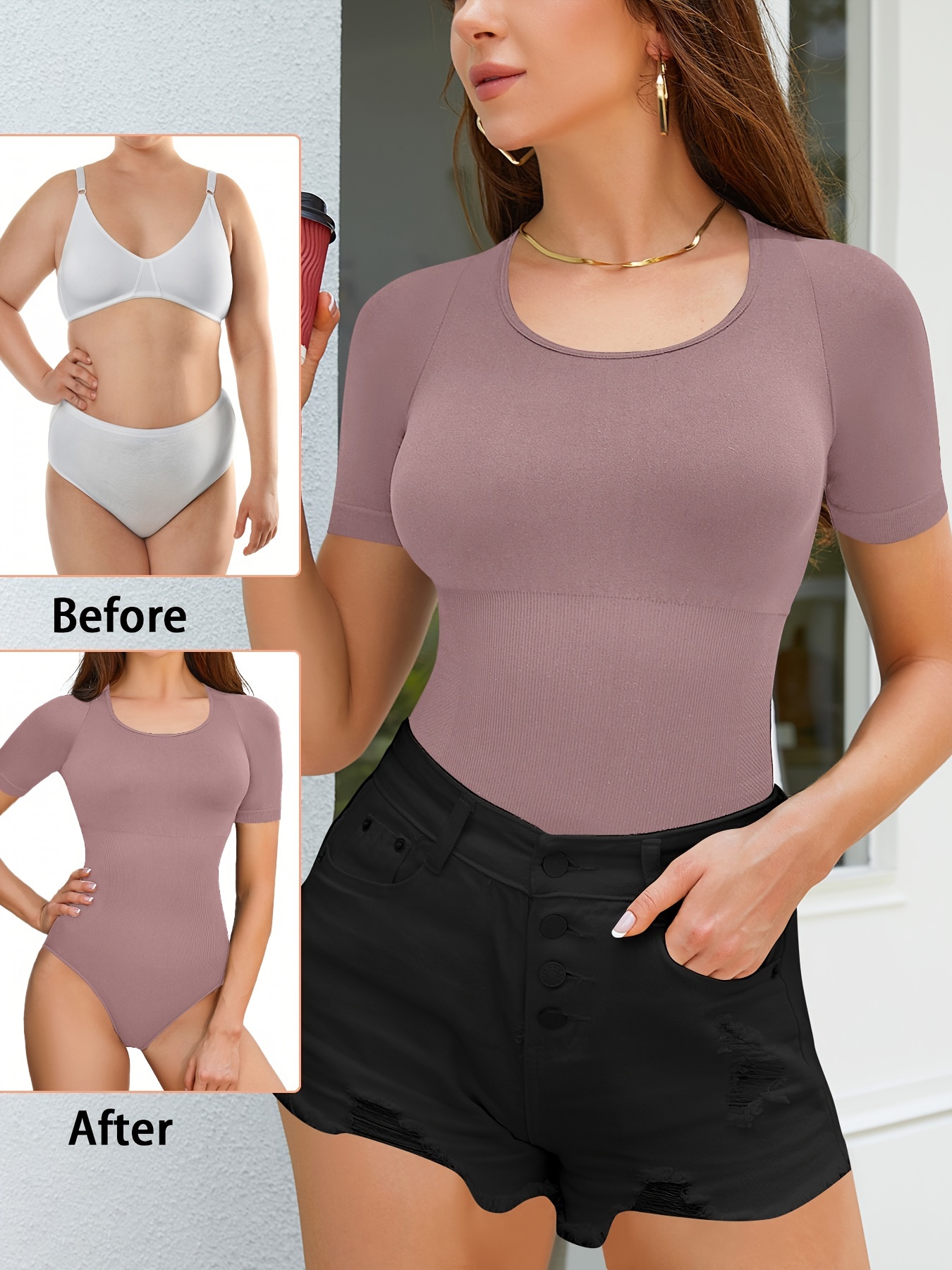 Bodysuit for Women - Seamless Body Shaper Short Sleeve Shapewear