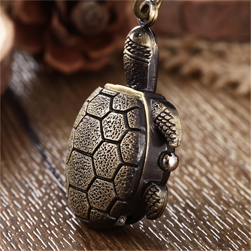 turtle shape cute pocket watch vintage bronze keychain novelty quartz watch flip car keychain pendant bag accessories 0