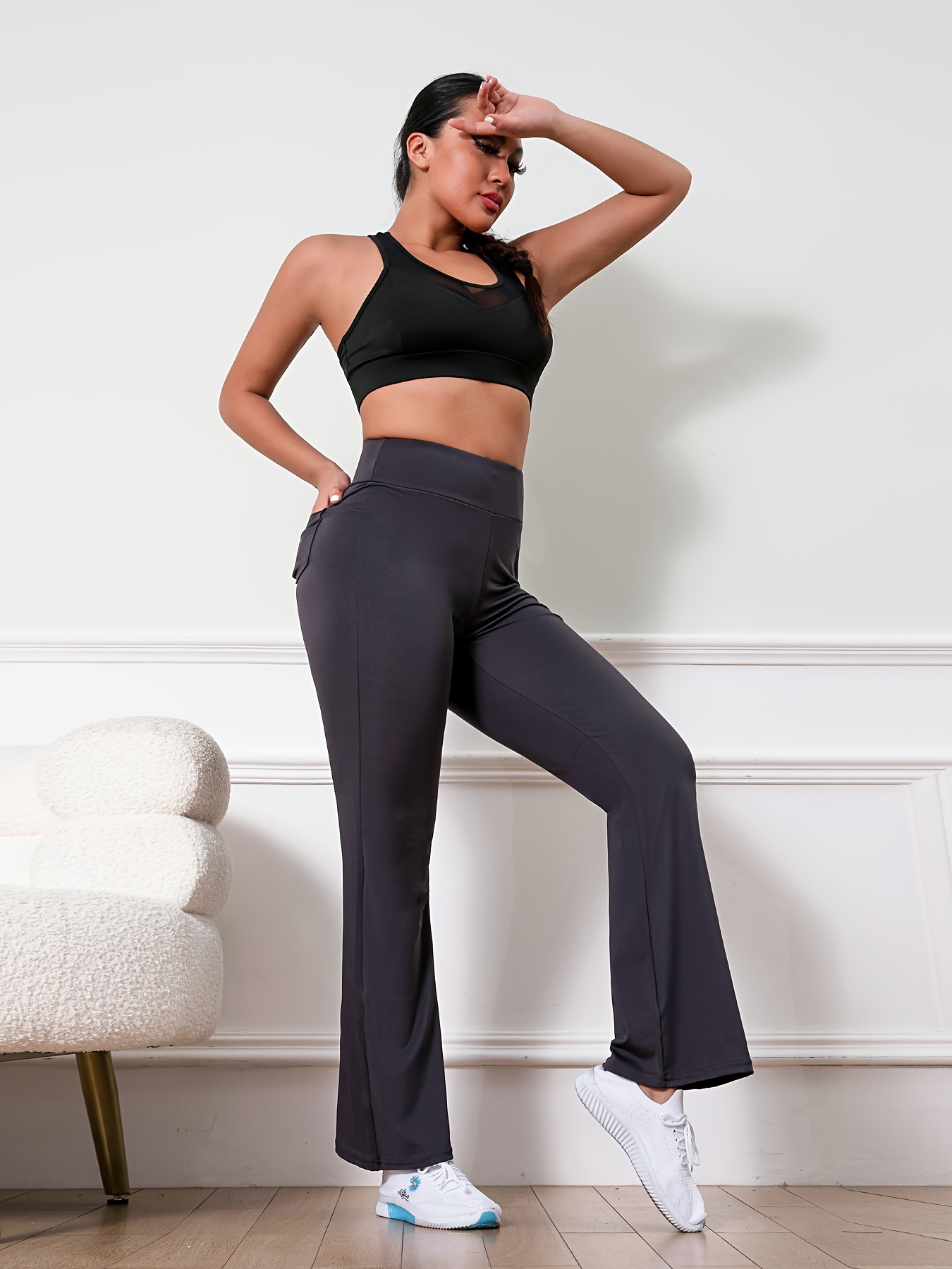 Ladies Cropped Flared Pants High Waist Pocket Sports Yoga Cropped Pants