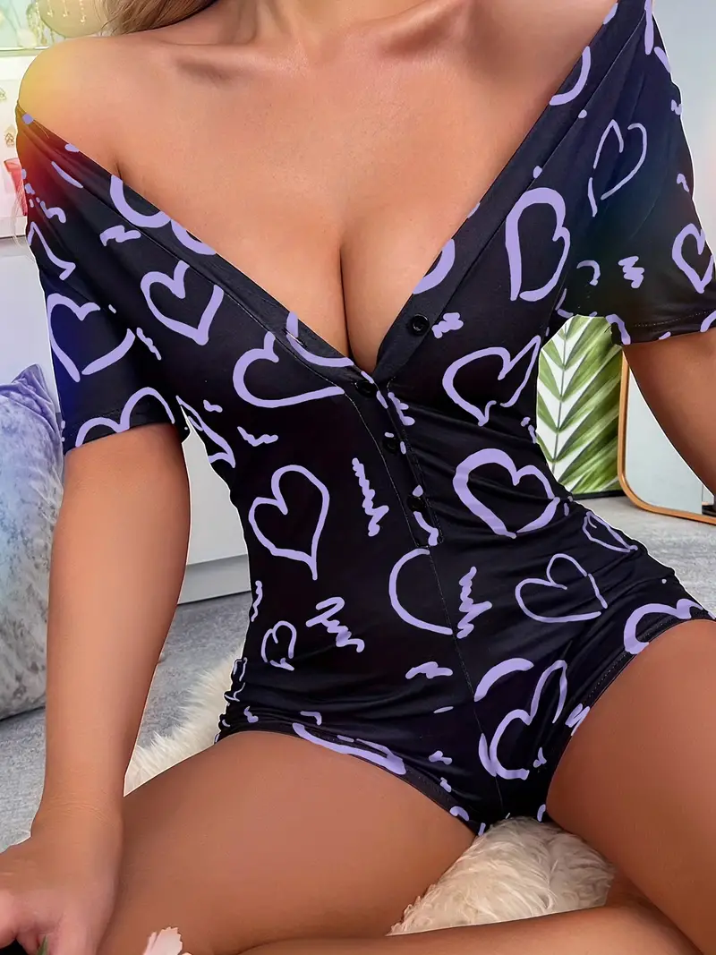one piece heart pattern sleepwear casual comfy buttons short sleeve pajama romper womens lingerie sleepwear details 8