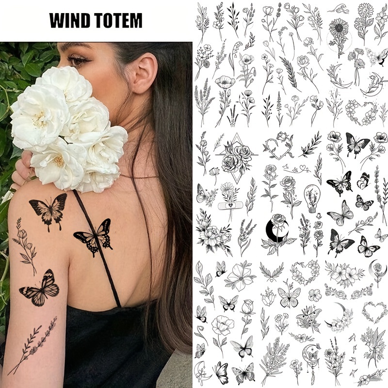 2 Peças Preto Flor & Borboleta Tatuagem Temporária Adesivos Para Mão