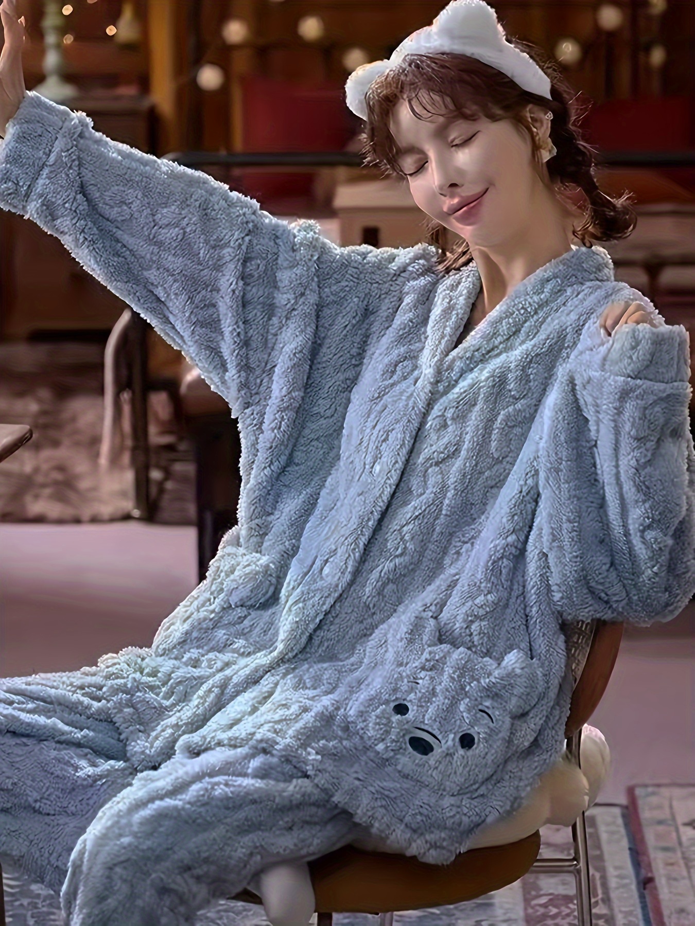 Casual Cartoon Fleece Jacquard Pajama Set, Long Sleeve Button Up V Neck Top  & Elastic Pants, Women's Sleepwear & Loungewear