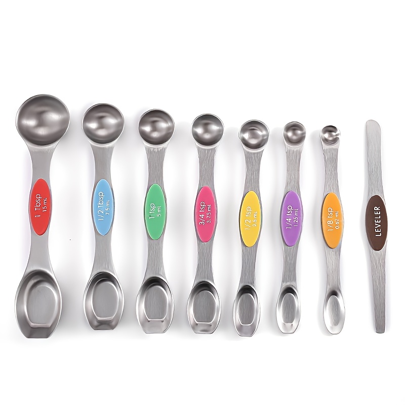 Magnetic Measuring Spoons Set, Dual Sided, Stainless Steel, Fits in Spice Jars, Blue - Aqua Sky, Set of 8, 2 Pack