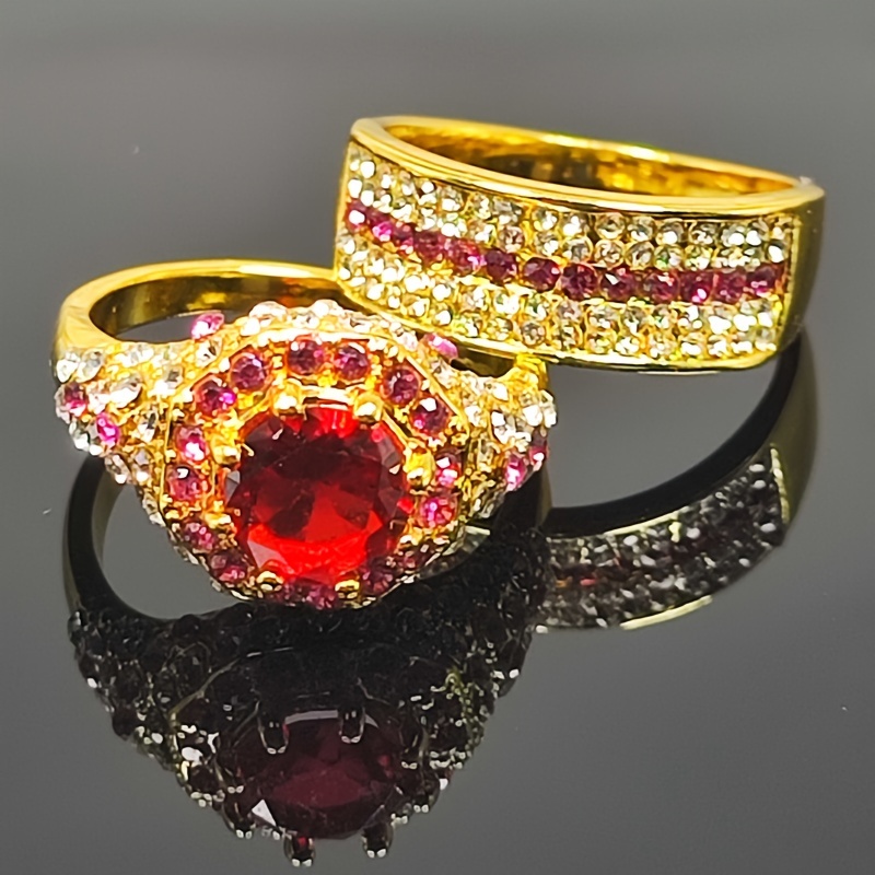 スタイリッシュで豪華なリング2個、赤い人工宝石リングセット