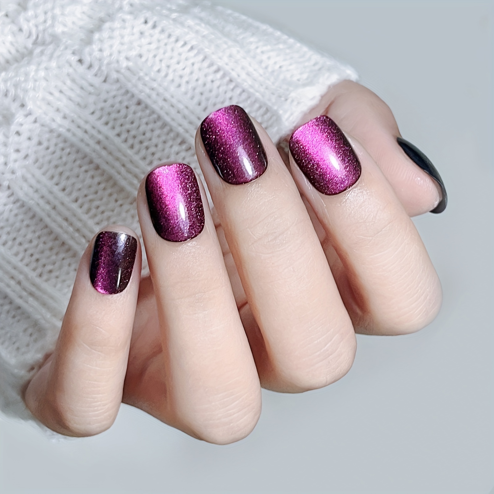 

24pcs Purple Cat Eye Fake Nails, Reflective Glitter Press On Nails With Chameleon Effect, Glossy Glue On Nails Full Cover Short Square False Nails For Women Girls