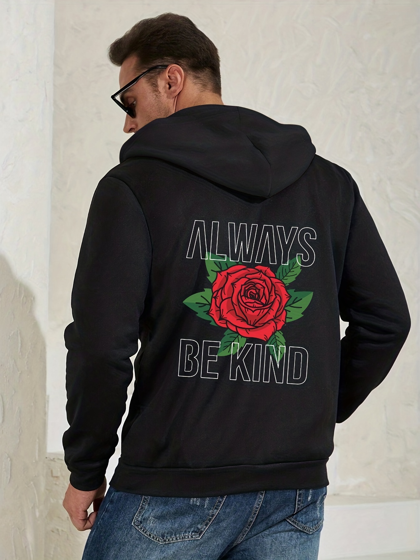 Plus Size Men's always Kind Rose Print Hooded Jacket - Temu