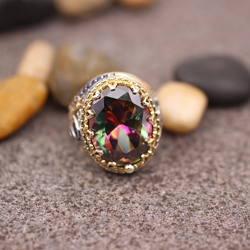 Retro Irregular Geometric Colored Zircon Ring for Men
