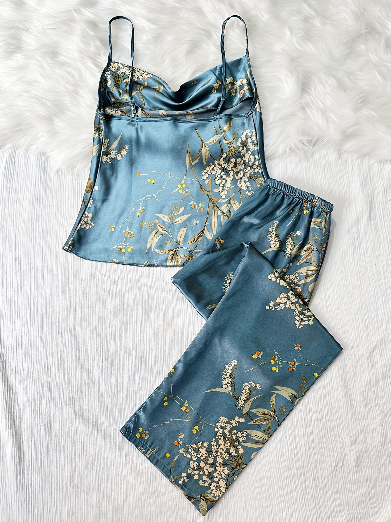 Elegant Floral Print Ice Satin Pajamas Set, Cami Top & Pajama Pants,women's  Loungewear & Sleepwear - Temu