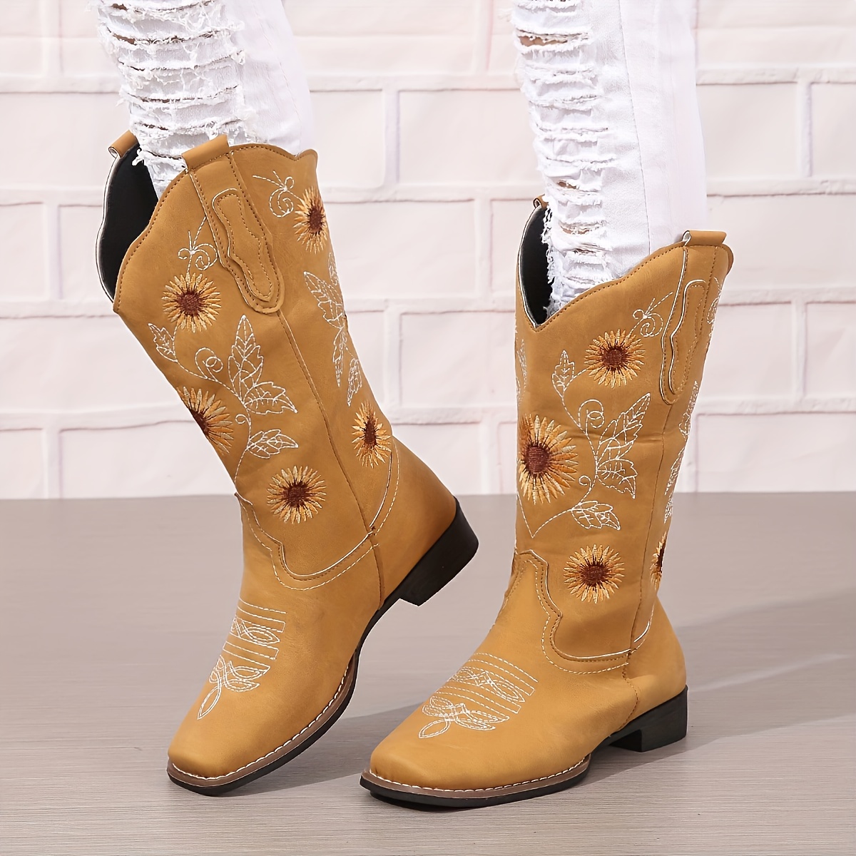 Women's Western Calf Boots Fashion Sunflower Embroidery - Temu Canada