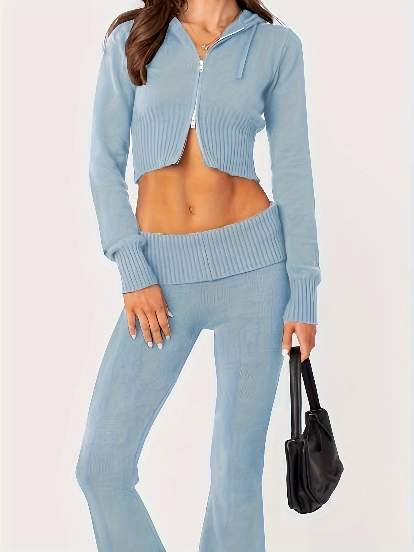  Women Knit 2 Piece Outfits Two-Way Zipper Hooded Tops