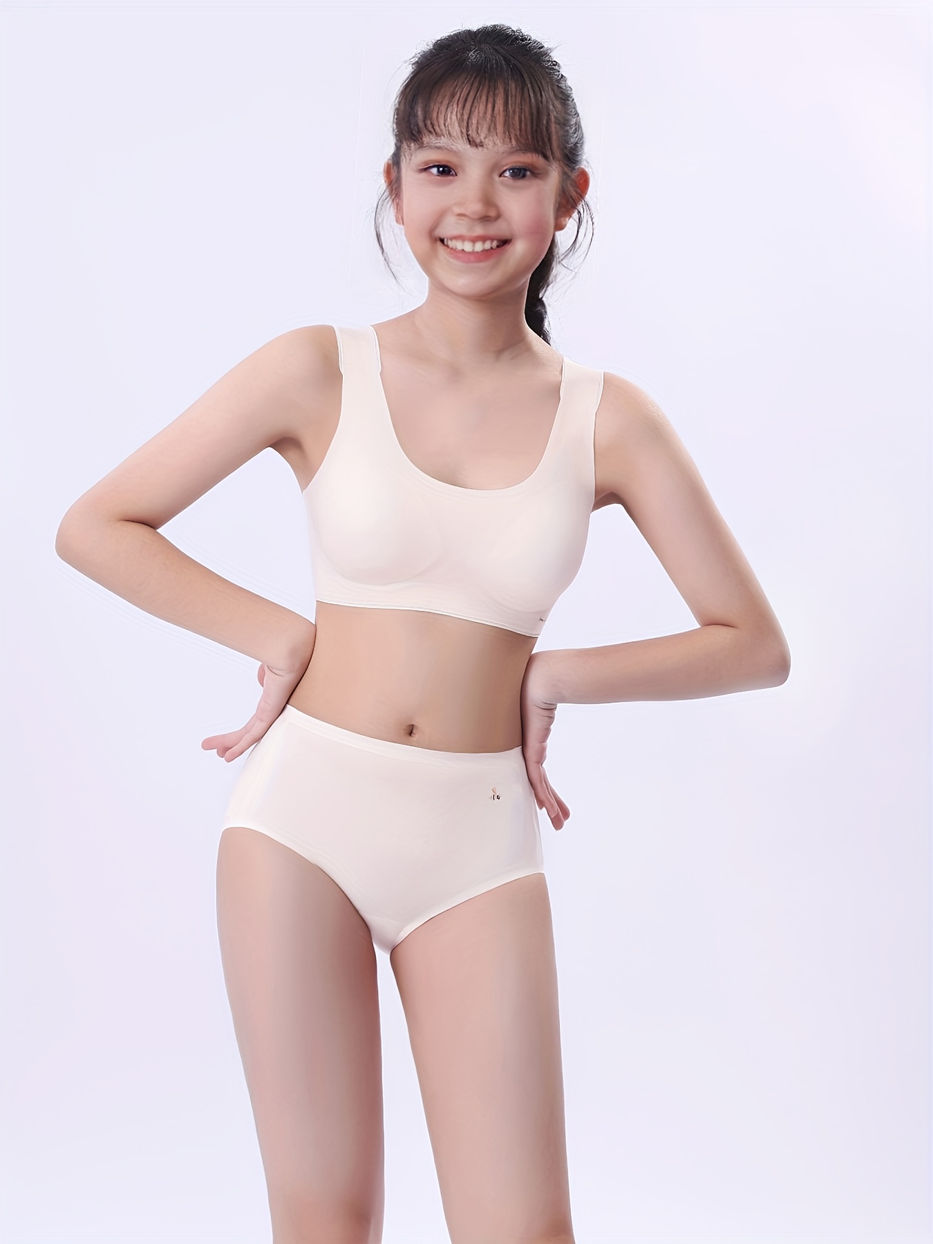 Teen Girls Underwear Set Bra Briefs High Stretch Solid Color