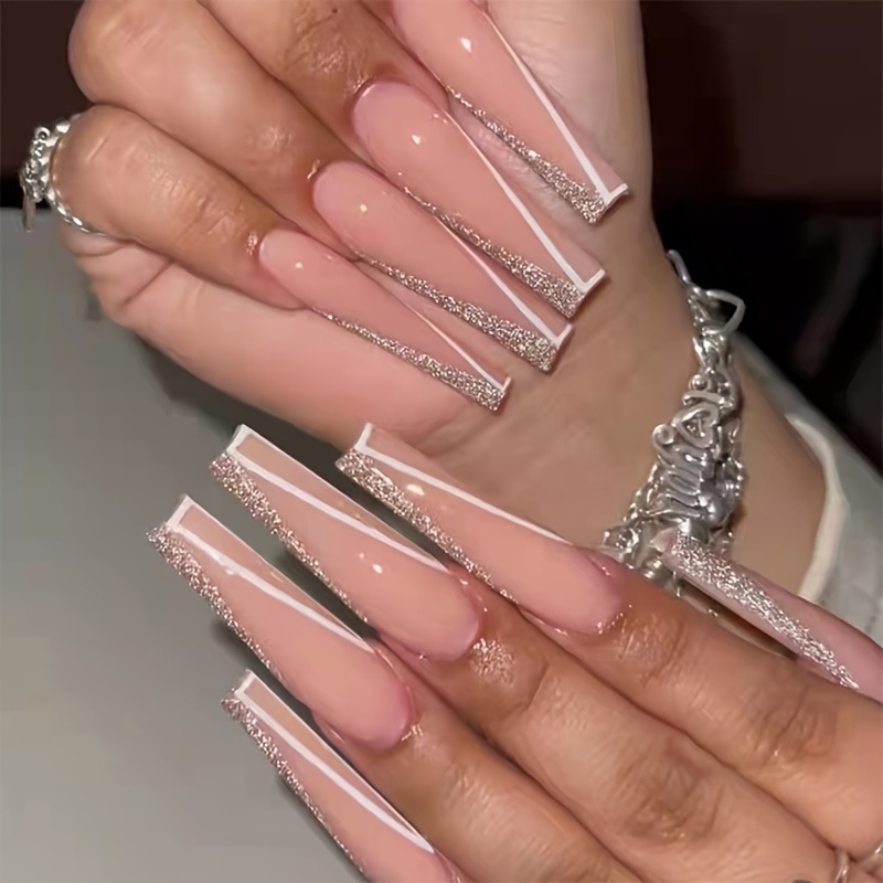 Buy French Tip False Fake Nails with Designs and Bling Pink Glitter at Our Store