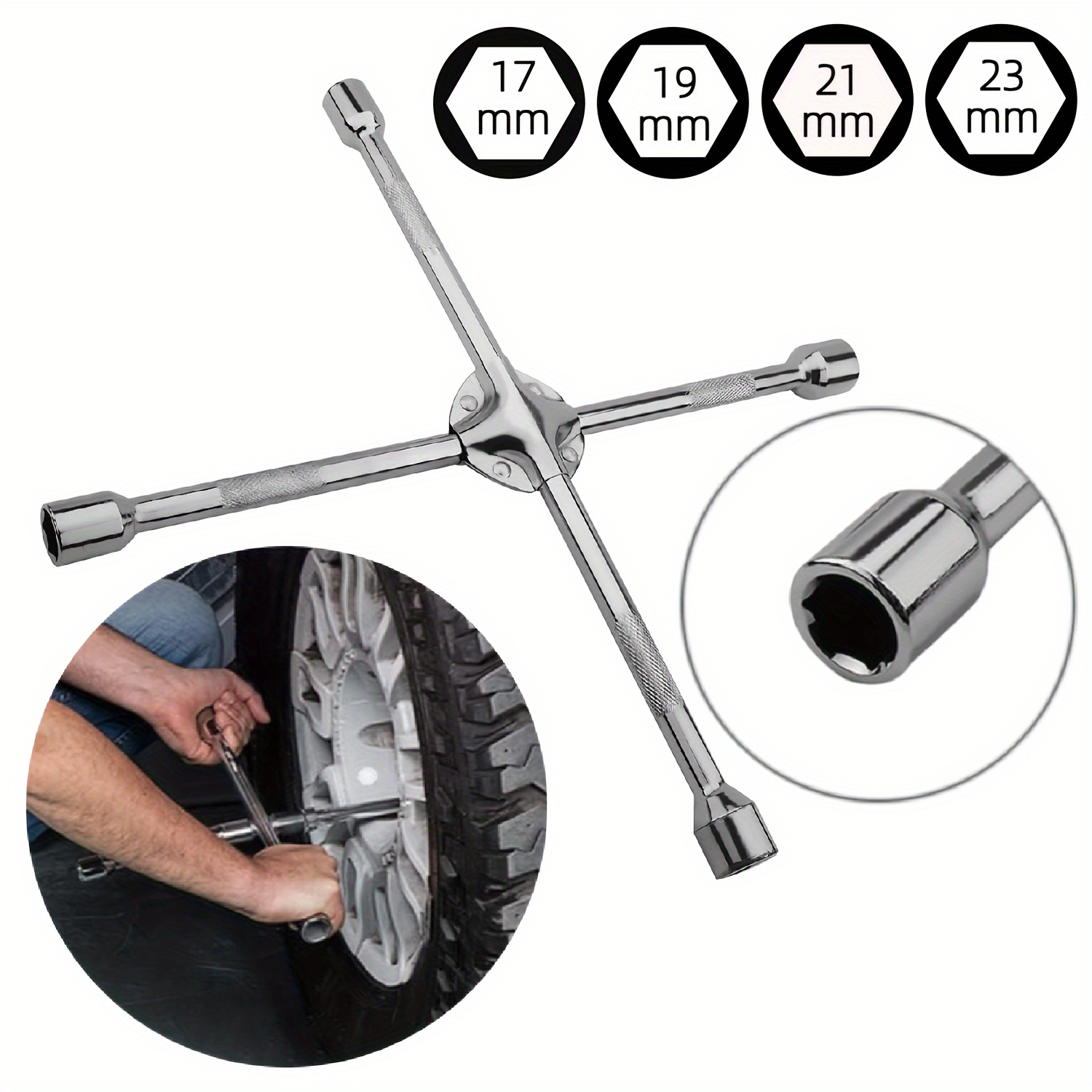 

14" Heavy Duty Universal Lug Wrench, 4-way Cross Wrench 17mm 19mm 21mm 23mm Standard Sockets For Car Tire Repair