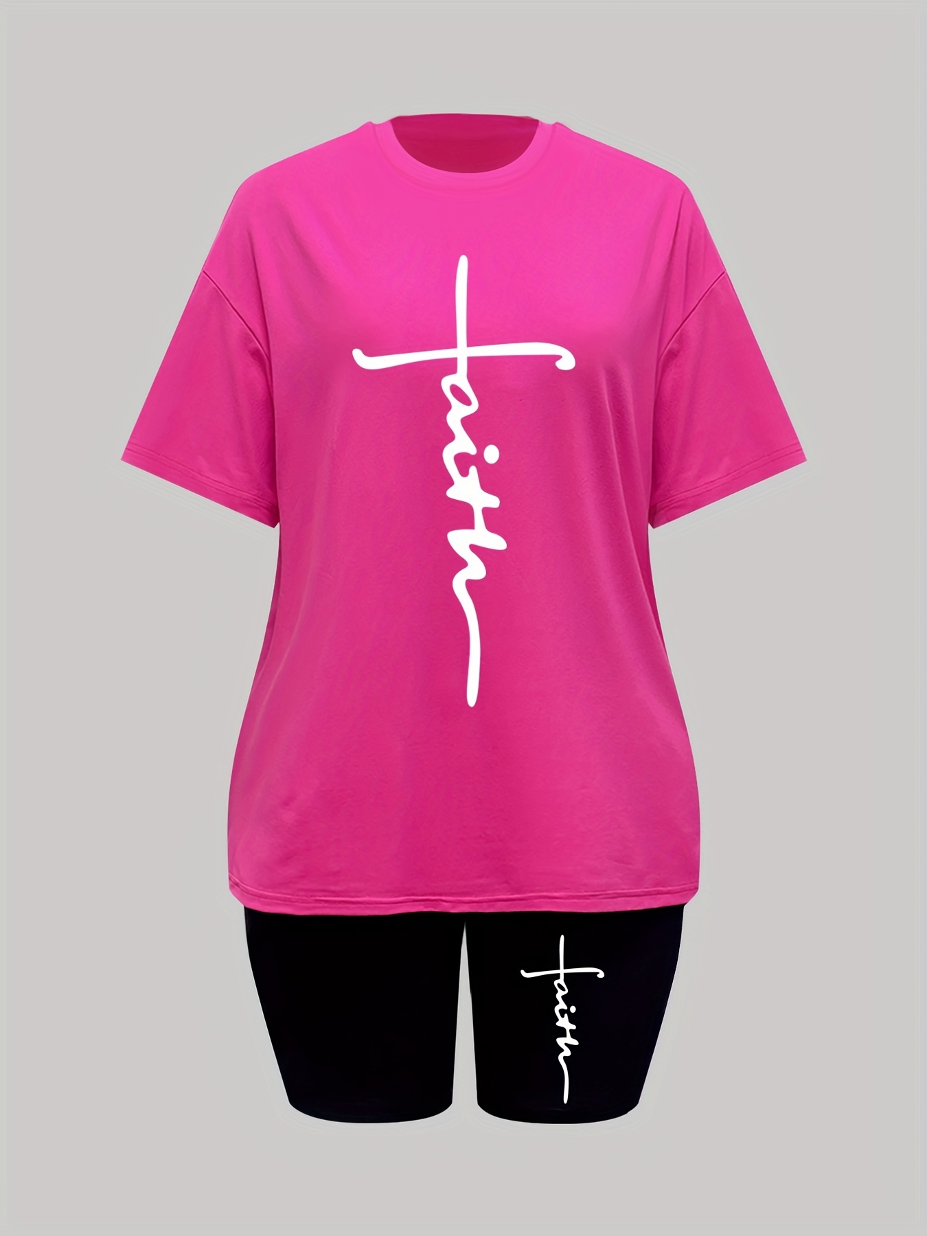 Faith Print Two Piece Set T Shirt & Shorts 2pcs Outfits For Summer Spring