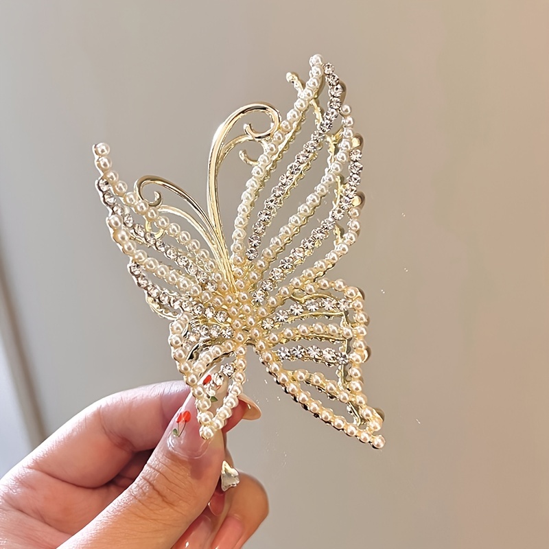 Butterfly Crystal Hair Claw Clips Pearl Rhinestone Golden Metal Hair Clips  Large Gem Hair Jaw Clips Strong Hold Non-slip Hair Catch Barrettes Clamps  For Thick And Thin Hair Accessories For Women Girls 