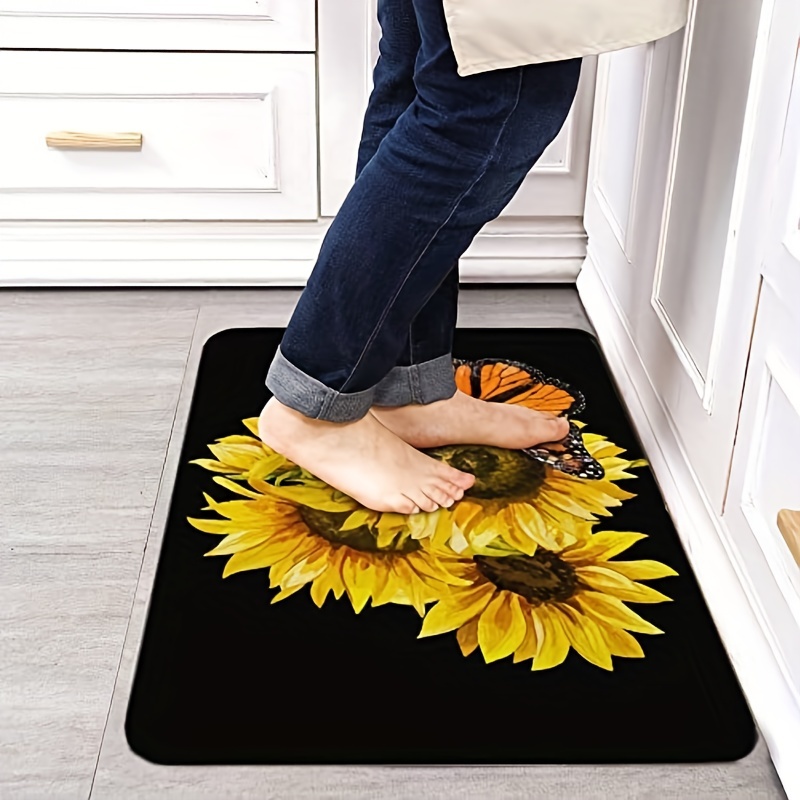 1pc Boho Anti Fatigue Kitchen Rugs | Vintage Flannel Summer Yellow Sunflower Butterfly | Comfortable Non Slip Cushioned Rugs