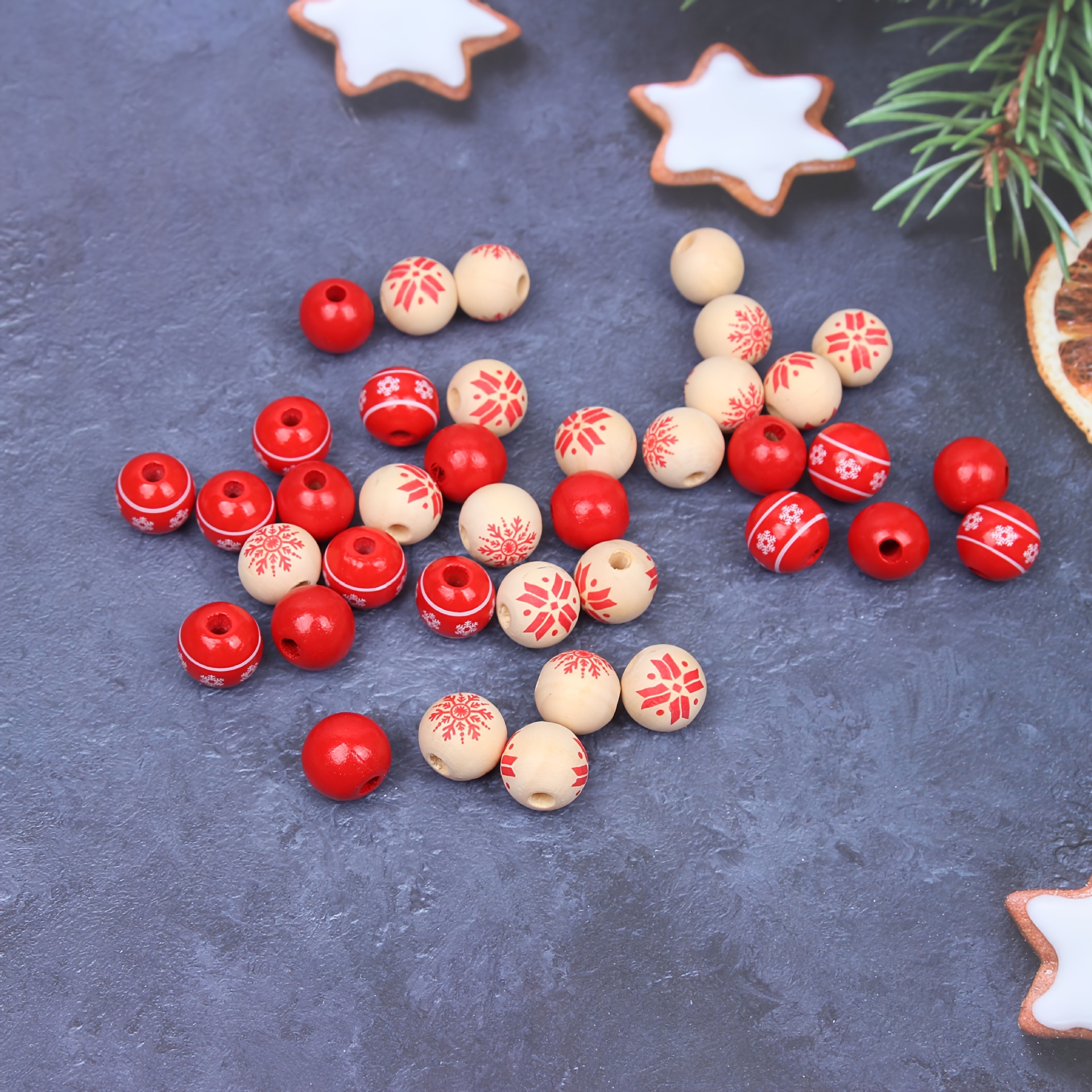 Christmas Snowflake Wooden Beads Red Snowflake Wooden Round - Temu