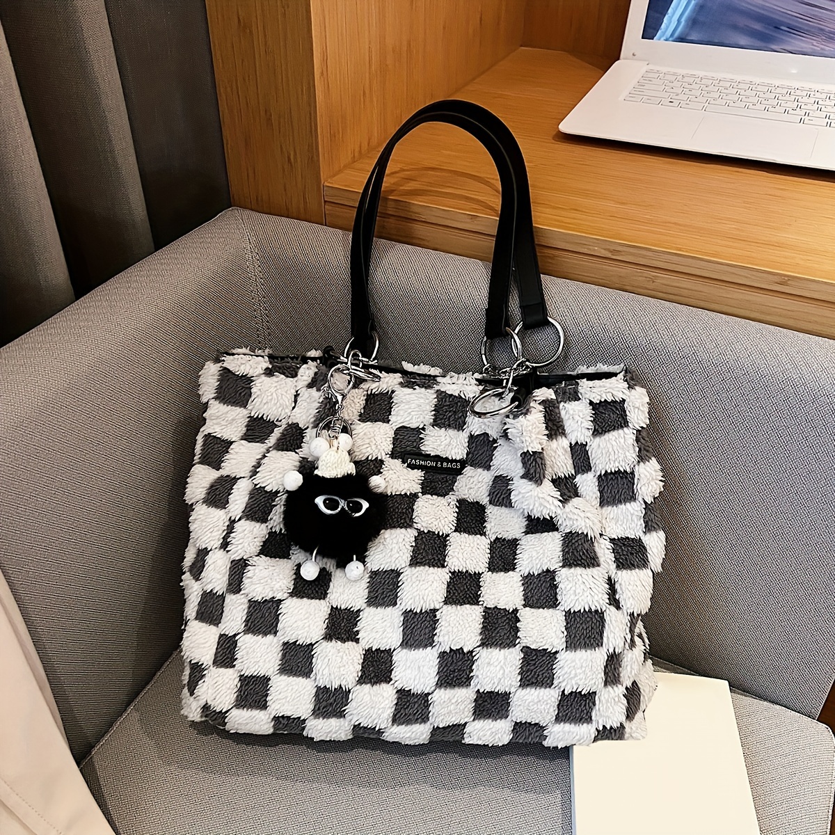 Chanel Black Checkered Leather Shoulder Bag Shopper Tote 