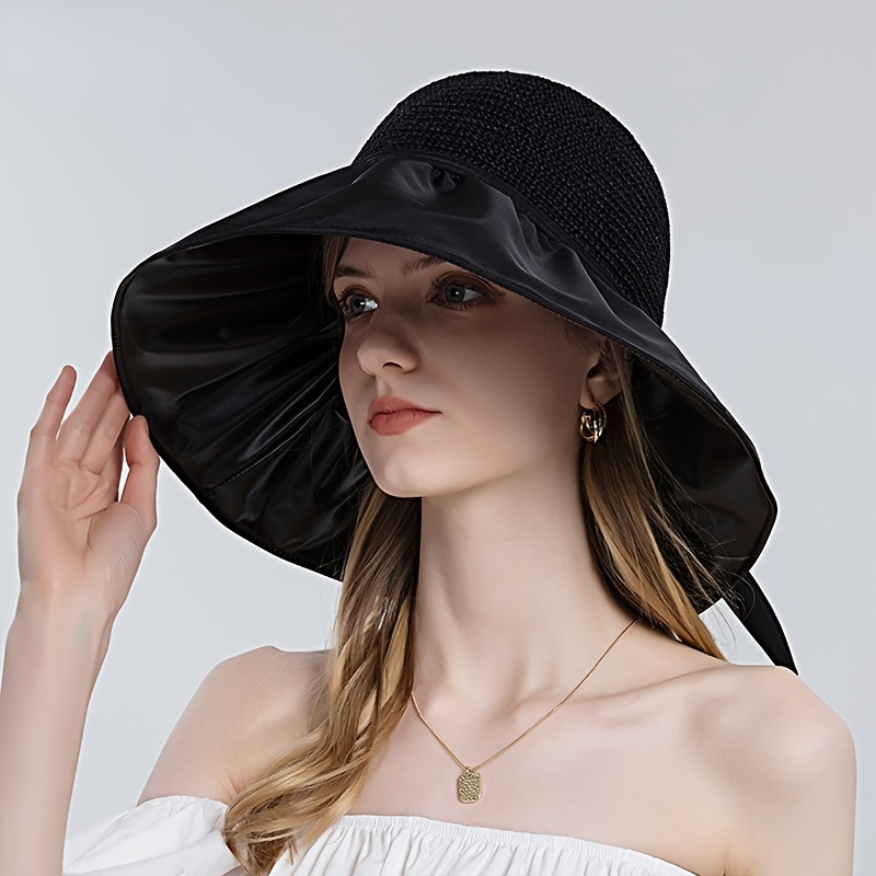 Stylish Wide Brim Straw Hat Bow Decor Pleated Uv Protection - Temu Canada