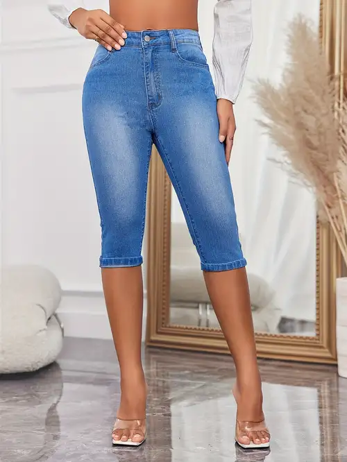 Blue Slim Fit Cropped Jeans, Slash Pockets *-Stretch Capris Denim Pants,  Women's Denim Jeans & Clothing