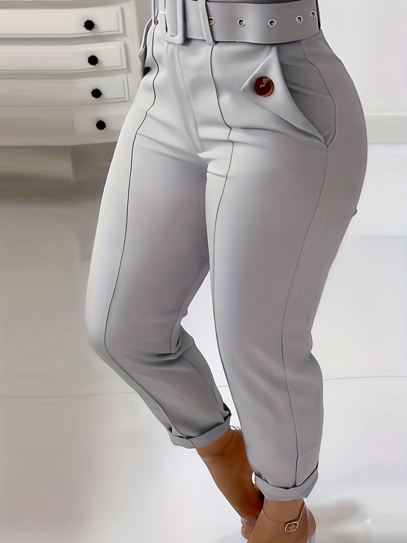 Solid Belted Skinny Leggings Pants Slant Pocket Button Pants - Temu