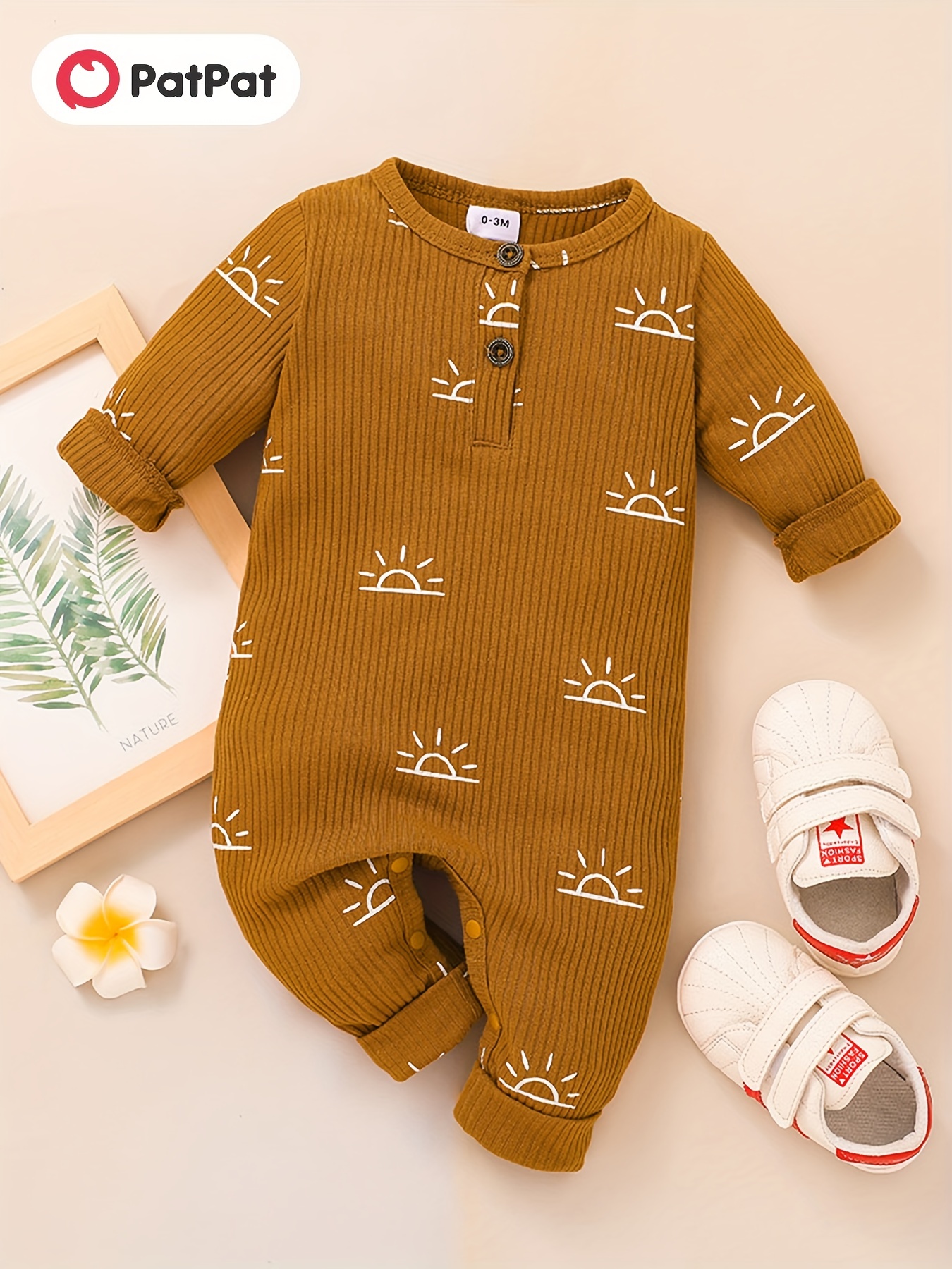 Baby Boy Cartoon Bear Print Apricot/Brown Ribbed Long-sleeve Jumpsuit