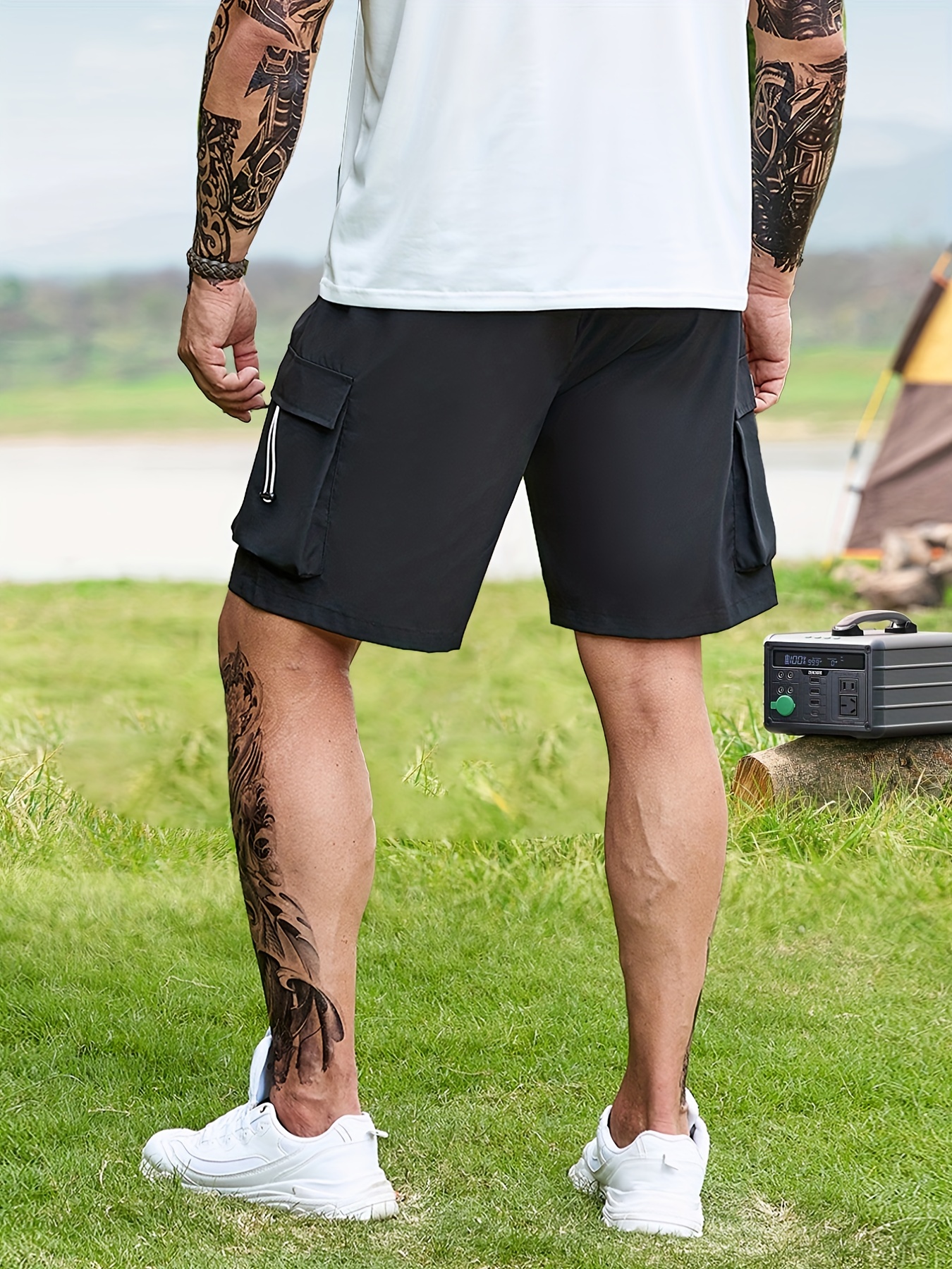 Men Plus Size Cargo Shorts Solid Color 5 Inch Pants Casual Elastic