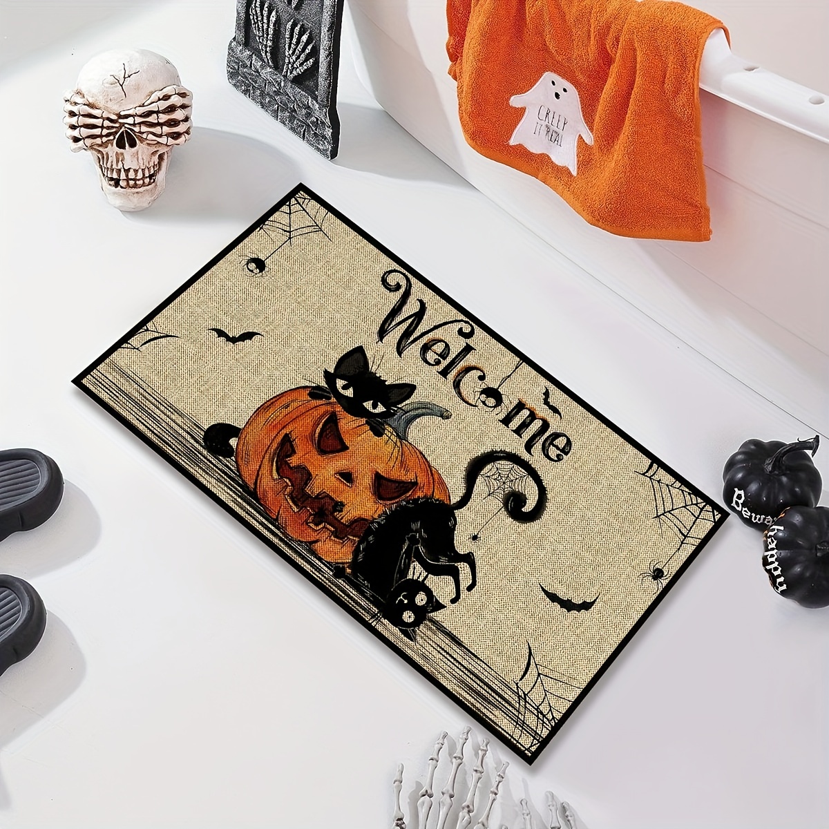 1pc Halloween Pumpkin Bat Themed Bath Mat For Bathroom, Kitchen Floor,  Bathtub, Toilet, Non-slip