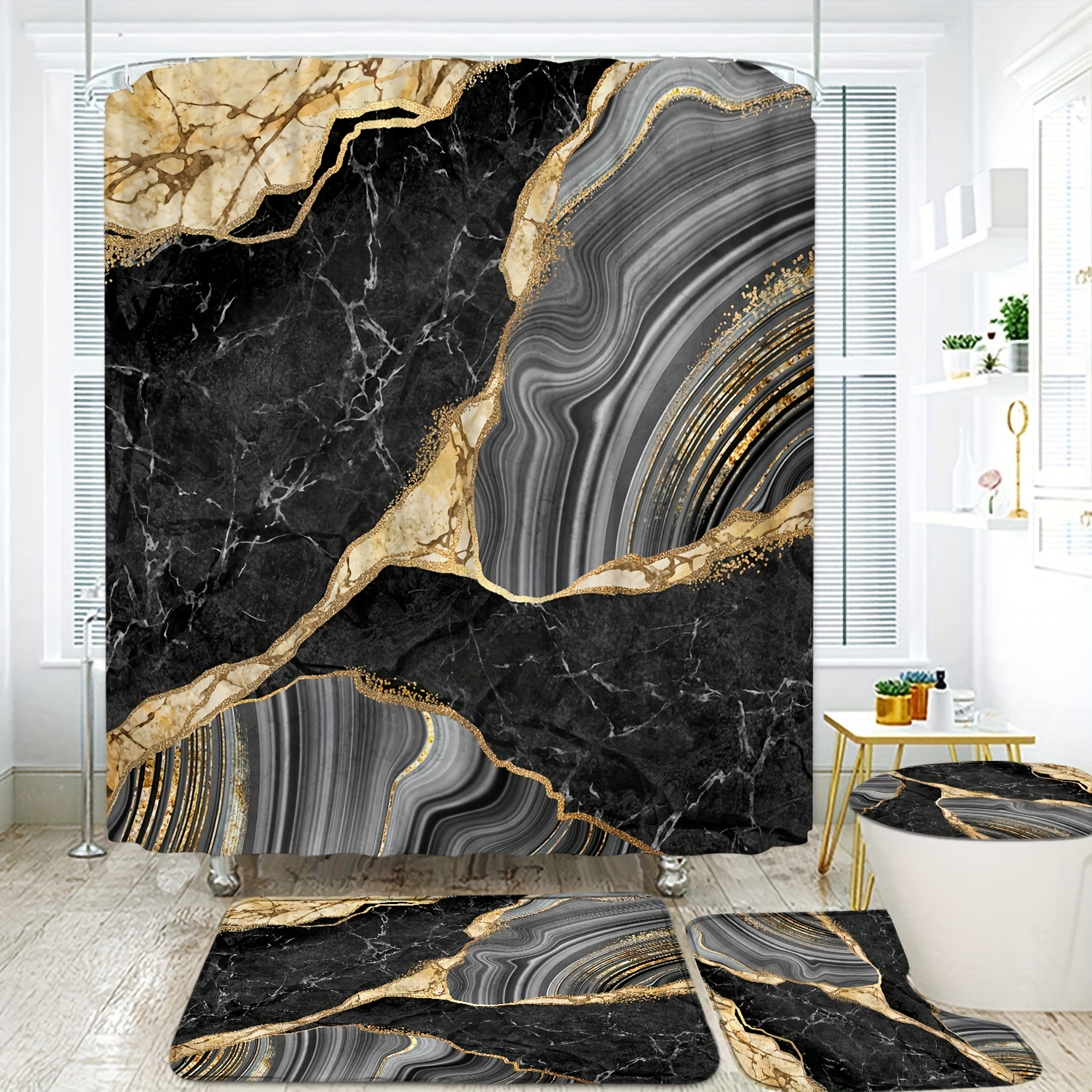 

4pcs Marble Pattern Set, Waterproof Bath Partition Curtain With Hooks, U-shaped Mat, Toilet Cover Mat, L-shaped Mat, Bathroom Accessories, Home Bathroom Decorations