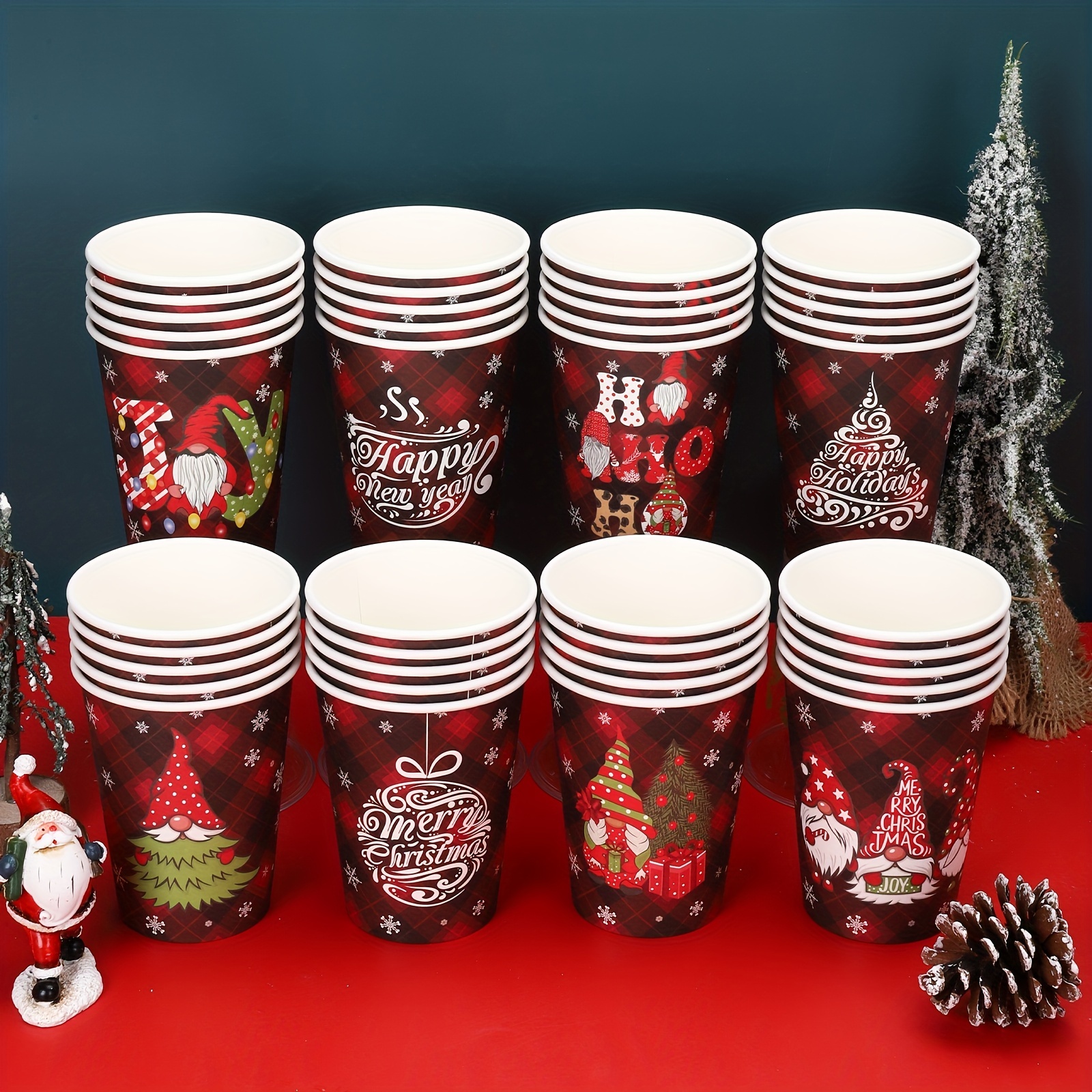 Bulk Christmas Gnome Disposable Paper Coffee Cups with Lid - 60 Pc.