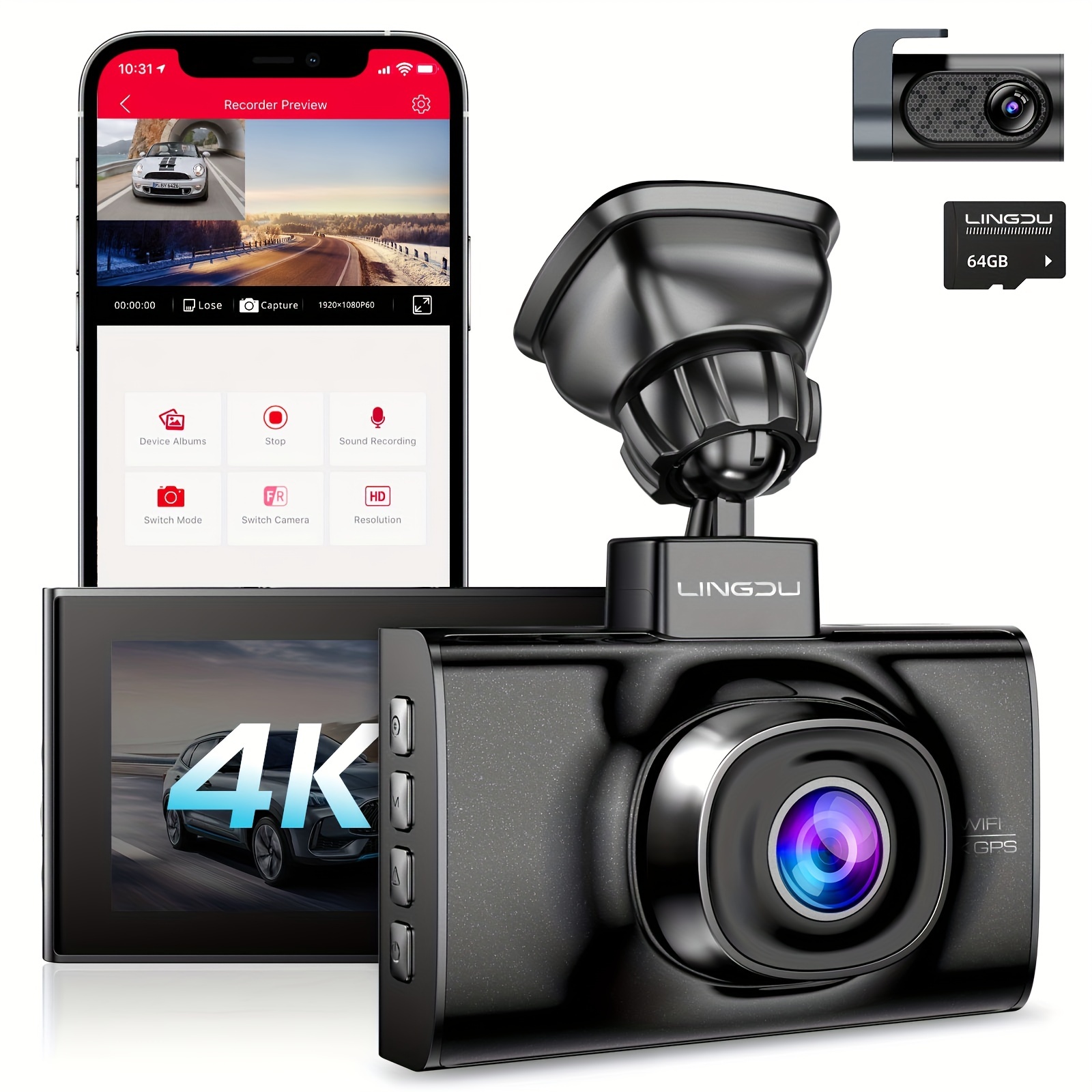 AZDOME 4K Dash Cam with WiFi App Control, 3'' IPS Screen Dashboard Camera  for Cars,Night Vision, 24H Parking Mode, G-Sensor, Loop Recording, 170°  Wide