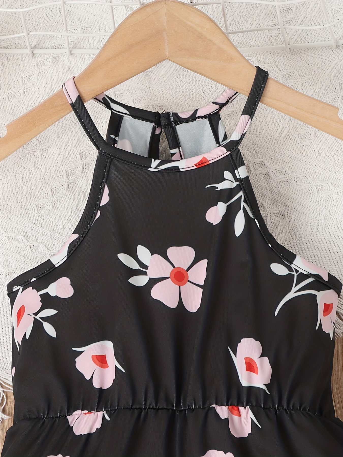 Girls Flower Print Casual Halter Neck Sleeveless Rompers