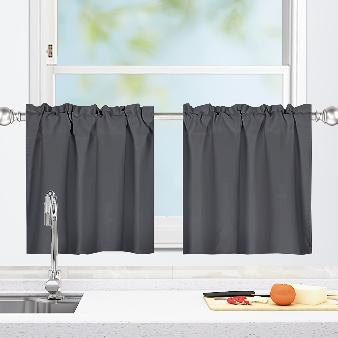 1pc black small curtain blackout short curtain wearing rod pocket type curtain for bedroom kitchen home windows decor details 2