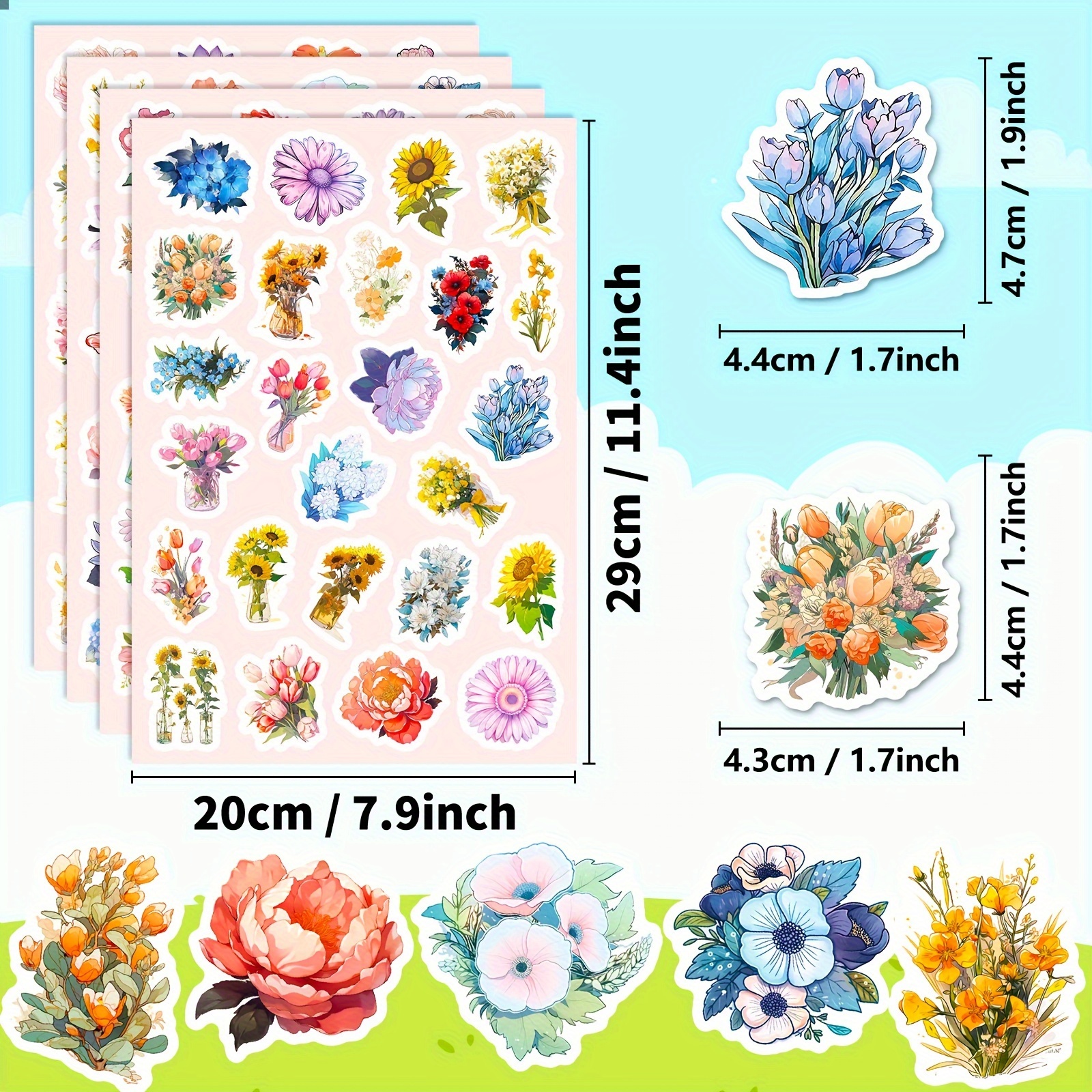 100pcs Flower Stickers Plant Flowers Rich Flowers Various Colors Flower  Stickers Journal Decoration Stickers