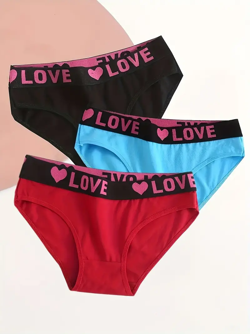 3pcs Letter & Heart Print Briefs, Comfy & Breathable Stretchy Intimates  Panties, Women's Lingerie & Underwear