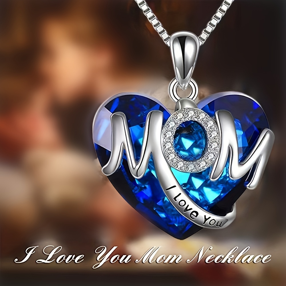 Exquisite Heart shaped Blue Crystal mom Pendant Necklace - Temu