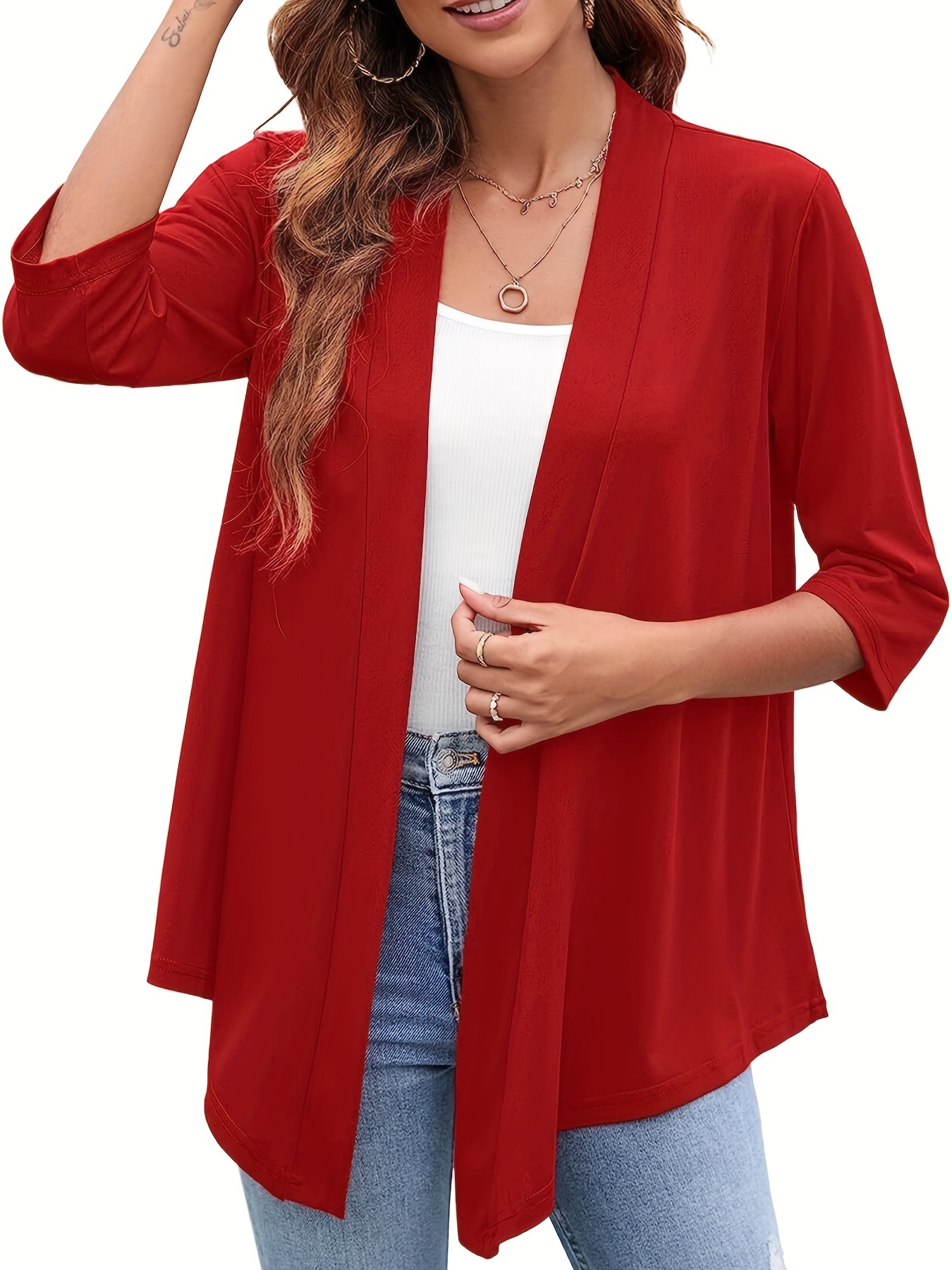 Solid Open Front Draped Cardigan Casual 3/4 Sleeve Cardigan - Temu