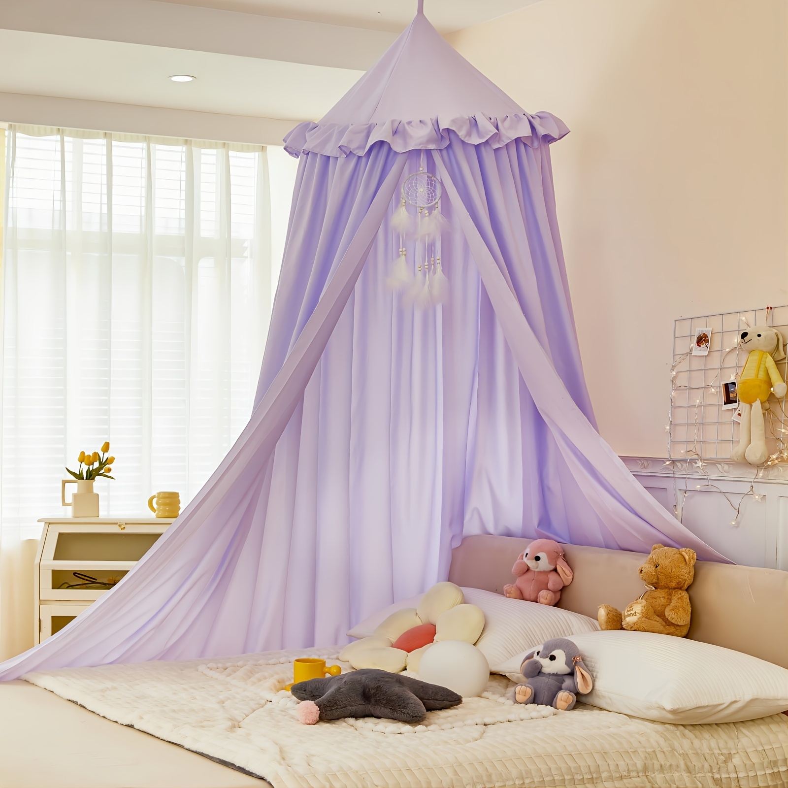 Ciel de lit pour enfant avec filet suspendu à pompons - - 