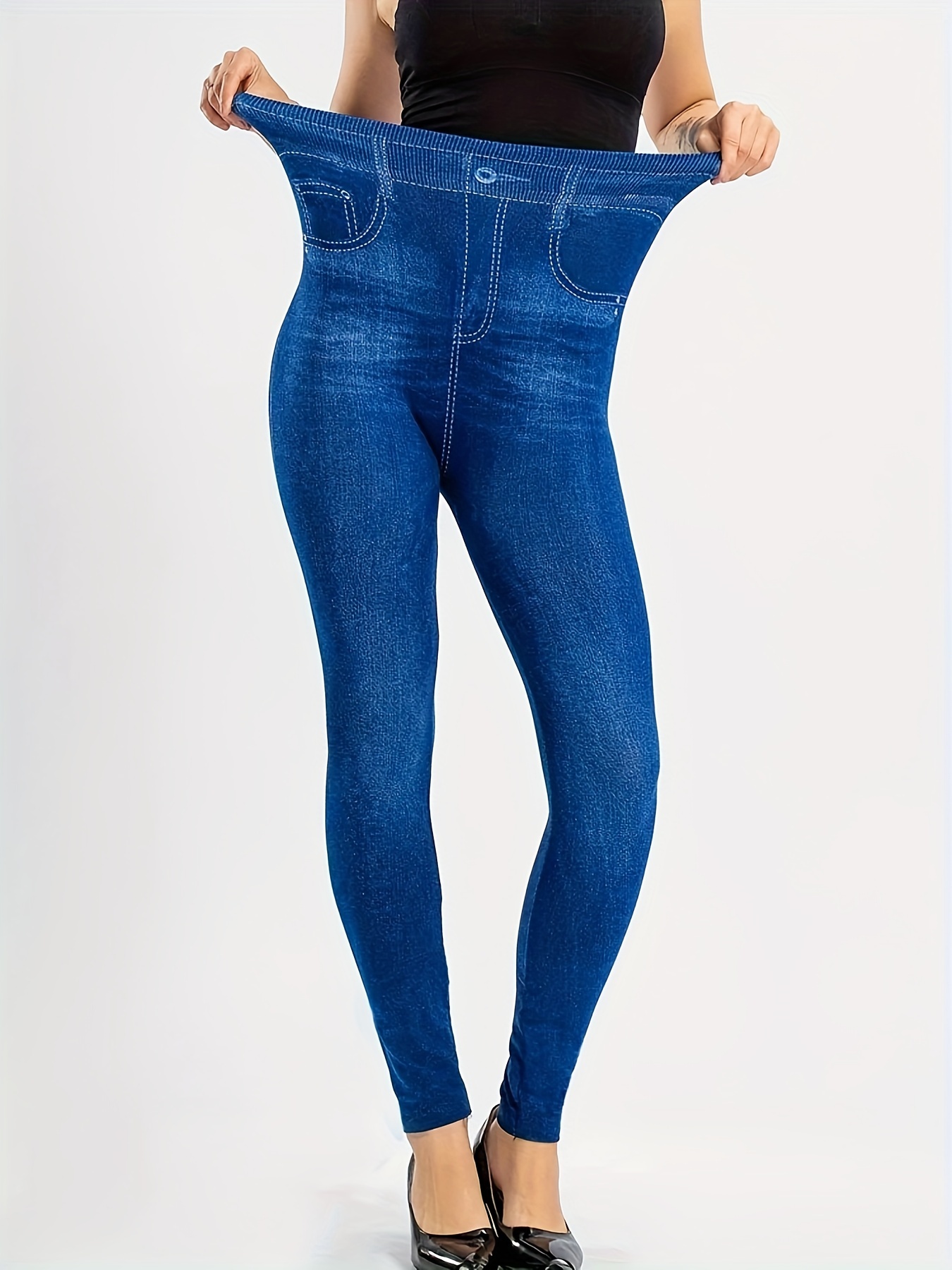 Reduce Price Hfyihgf Jeggings for Women Looking Denim Print Seamless  Elastic High Waisted Yoga Leggings Skinny Stretch Distressed Pants(Blue,M)