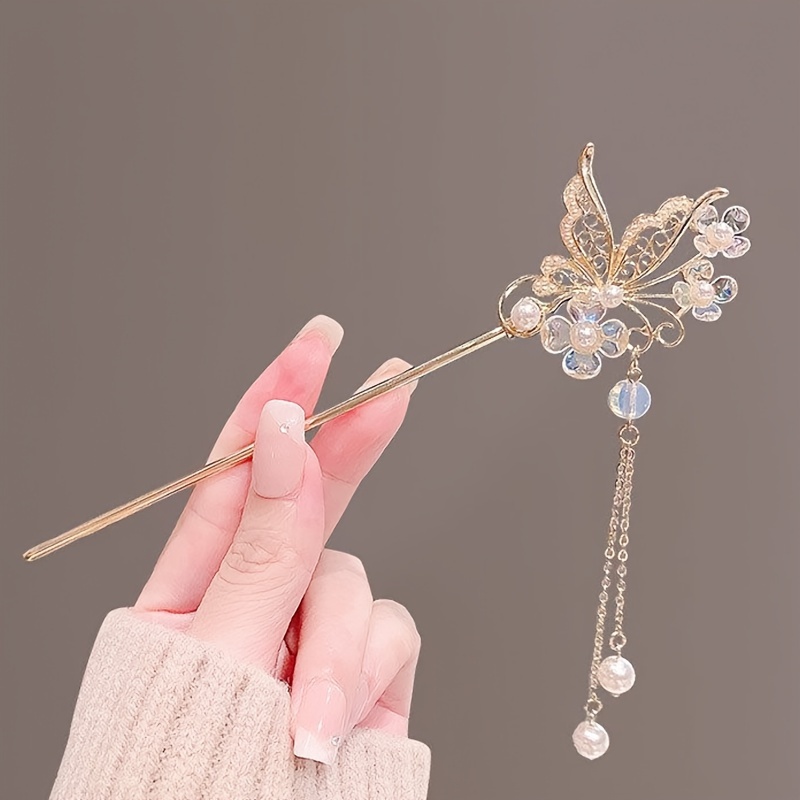 

1pc Alloy Imitation Pearl Tassel Butterfly Flower Hairpin, Antique Metal Hairpin, Modern Chinese Style Hair Accessories, 2024 New Year Hair Accessories Gift