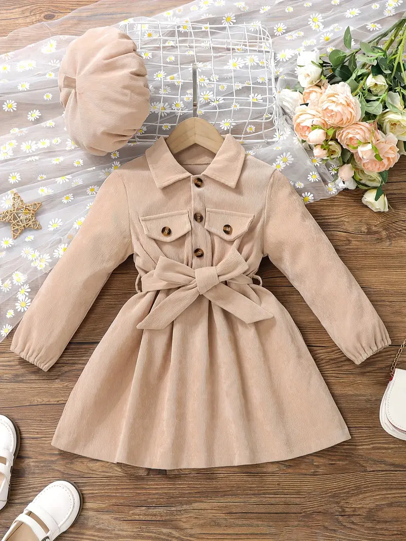 girls casual dress corduroy button front collar neck dresses with belt and hat set trendy kids autumn outfit details 55