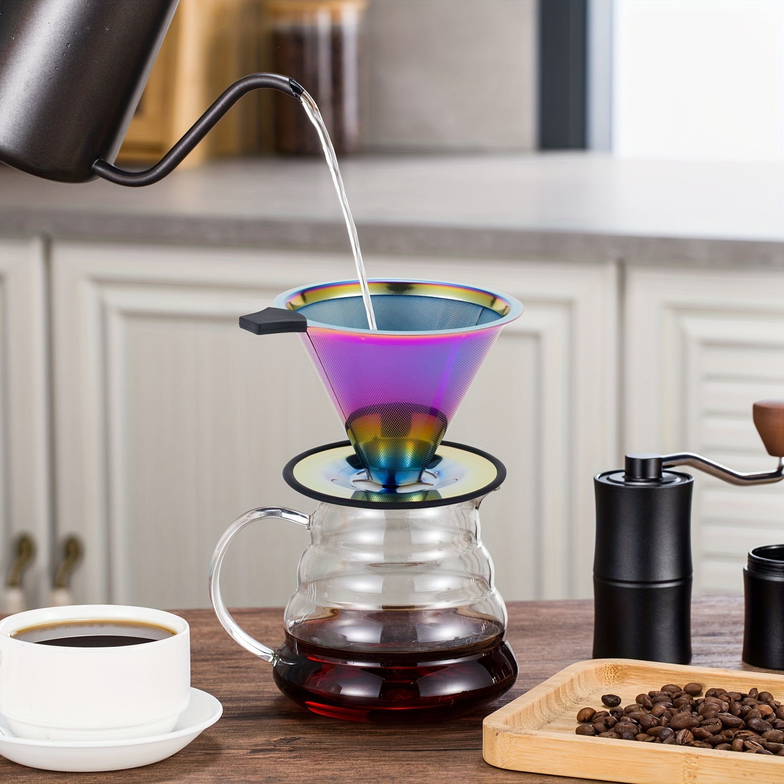 Pour Over Coffee Dripper Stainless Steel LHS Slow Drip Coffee Filter Metal Cone Paperless Reusable Single Cup Coffee Maker 1-2 Cup with Non-Slip Cup